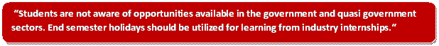 Students are not aware of opportunities available in the government and quasi government sectors. End semester holidays should be utilized for learning from industry internships.
